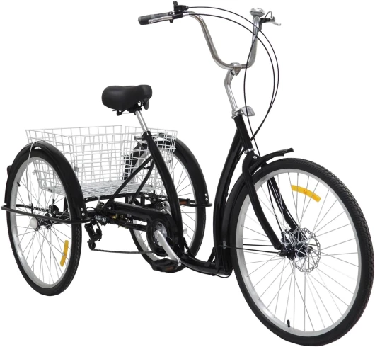 MDAfwecsa Vélo Adulte Triporteur 26 Pouces Noir, Cadre en Acier au Carbone, Assise Réglable, Panier Arrière, Vélo de Ville Pratique et Confortable