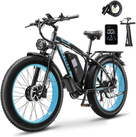 Kinsella K800 vélo électrique à Double Moteur avec Batterie au Lithium 48V 23Ah, pneus de 26" x 4" de Large, Suspension Avant (Noir Bleu)